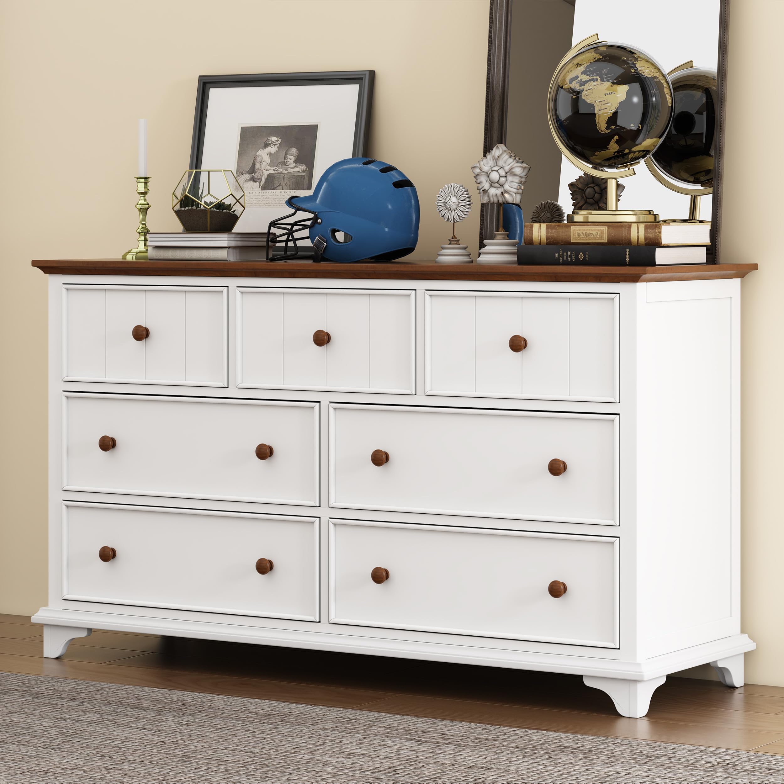 Modern Farmhouse Wood Bedroom Set - White & Walnut Twin Captain Bed with Trundle, Nightstand & 6-Drawer Dresser | Space-Saving Storage Solution for Small Bedrooms & Guest Rooms