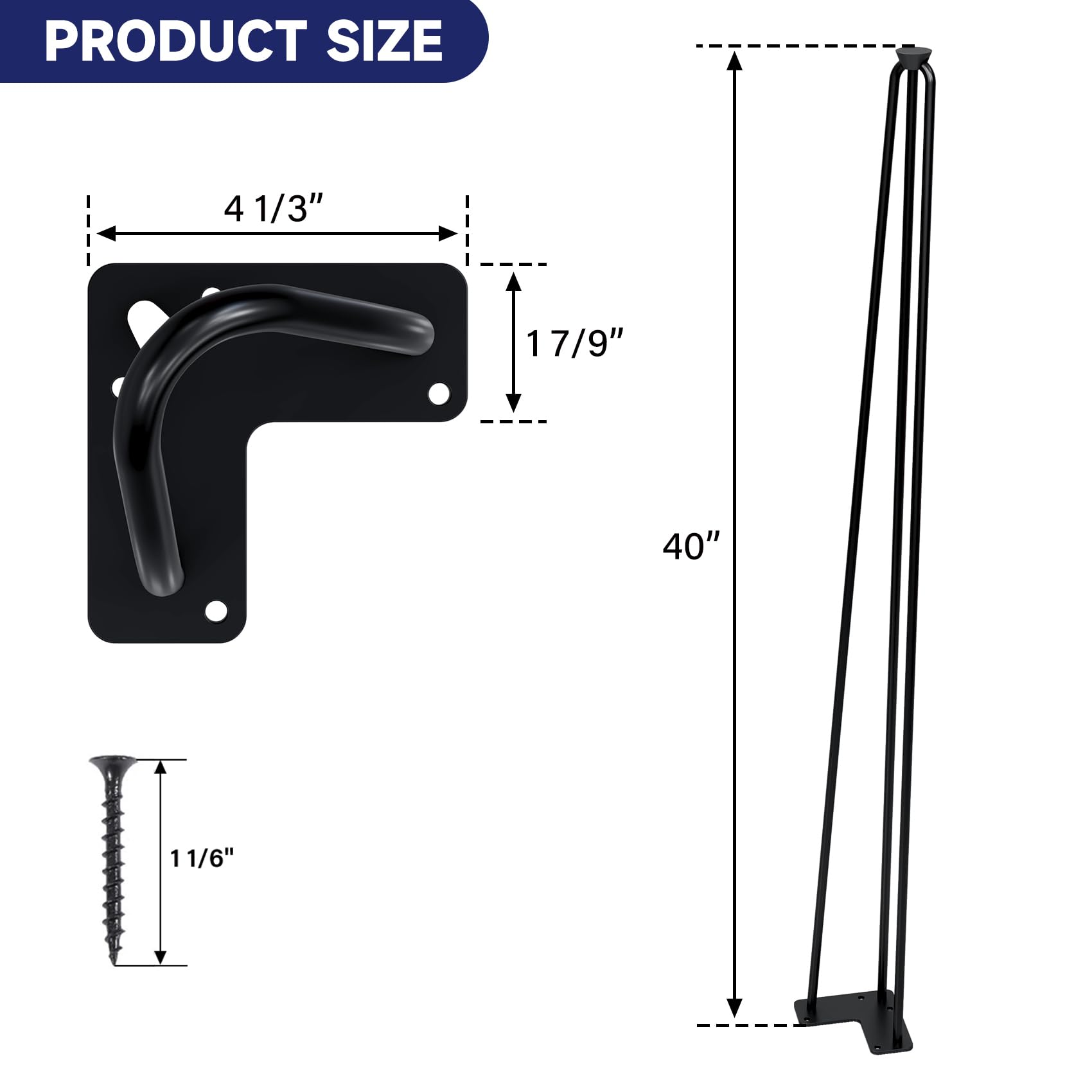 TENGCHANG 40 Inch Hairpin Legs Set of 4 - Heavy Duty 3-Rod Steel Table Legs for DIY Furniture, Bar Tables, Desks, Coffee Tables & Benches - Black Metal Legs for Dining Room, Office & Home Decor