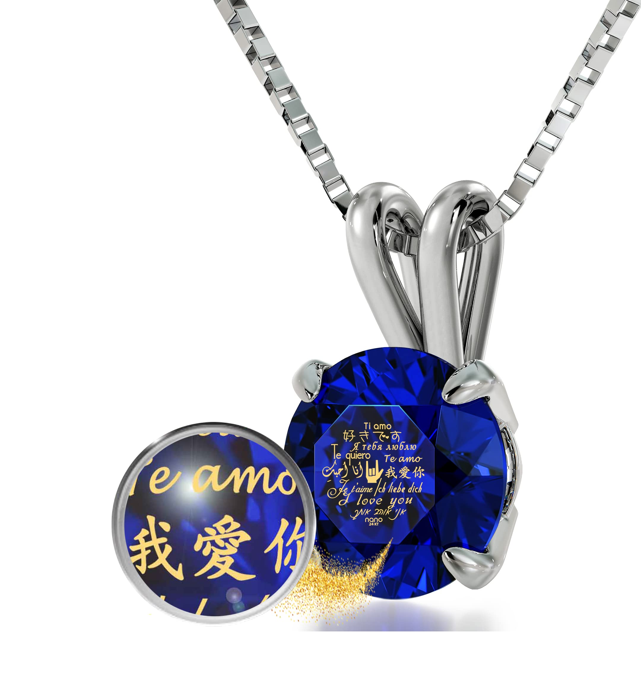 NanoStyle 925 Sterling Silver 'I Love You' Necklace - 12 Languages Engraved in Pure Gold on Cubic Zirconia Solitaire Pendant, 18