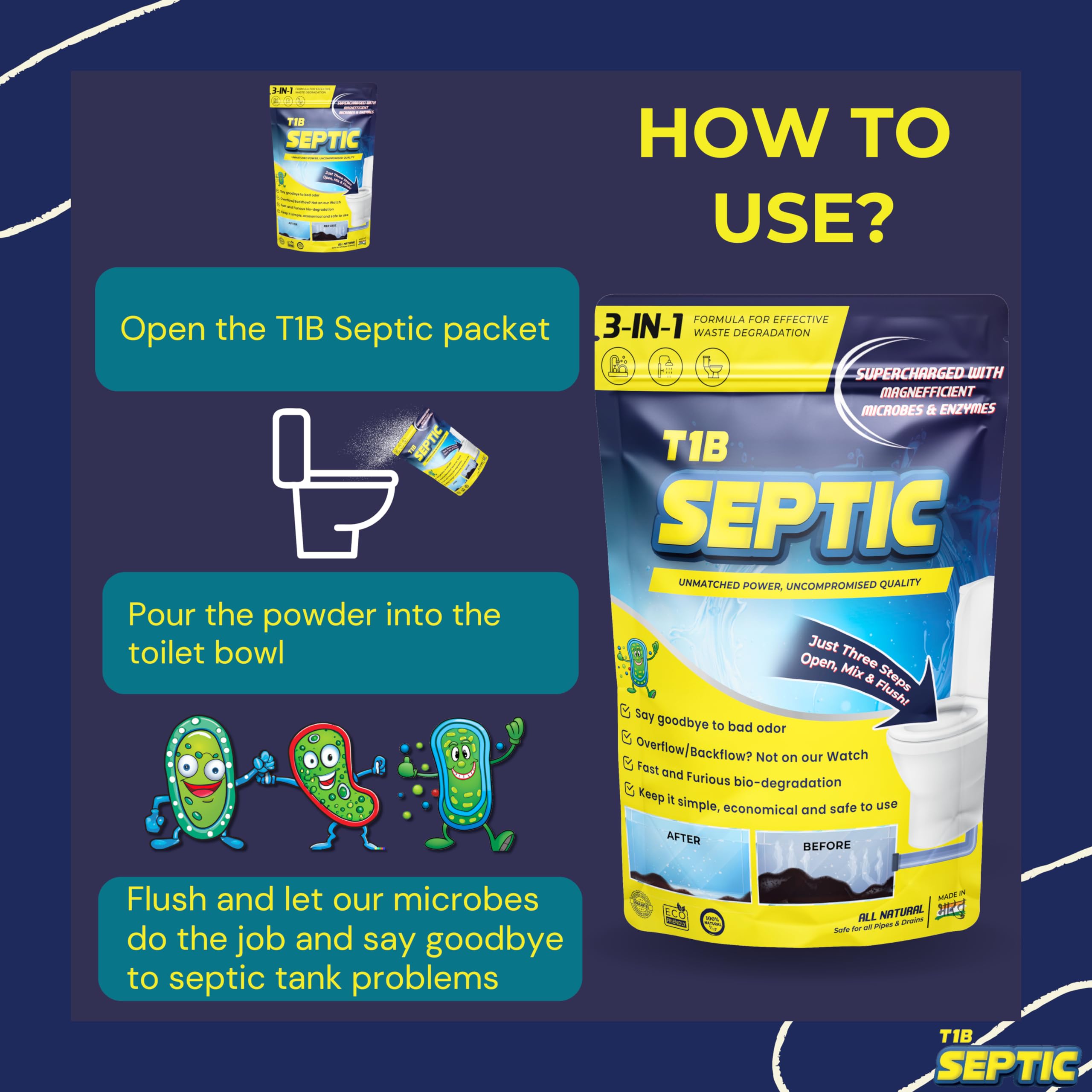 T1B Septic Tank Cleaner - 3-in-1 Formula for Kitchen, Bathroom & Toilet Waste Degradation | Reduces Sludge & Eliminates Odors | Septic Safe Bacteria Prevents Backflow & Overflow | 250g Pack (1 Count) | Ideal for Home, RV & Camping Septic Systems