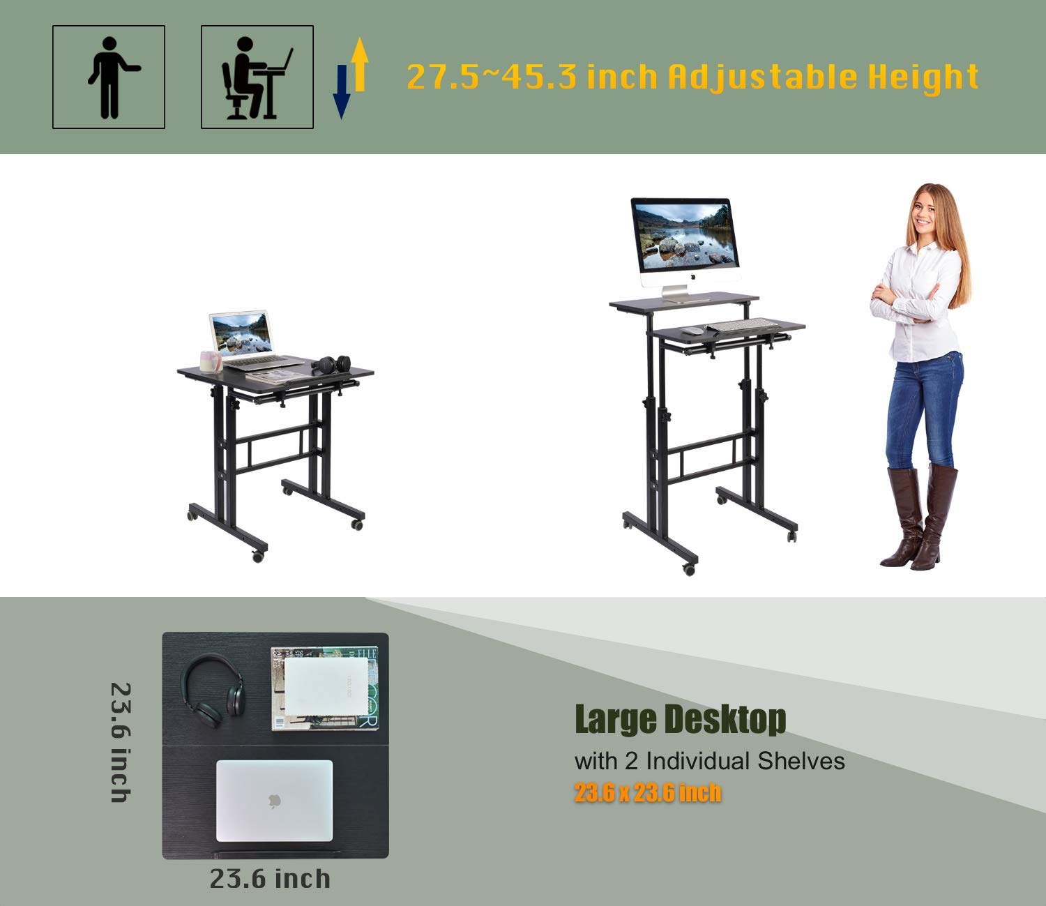 AIZ Mobile Standing Desk - Adjustable Height Rolling Laptop Cart with Wheels for Home Office | Portable Computer Workstation for Small Spaces | Standing & Sitting Ergonomic Desk (Black) - Perfect for Remote Work, Studio Apartments & Shared Workspaces