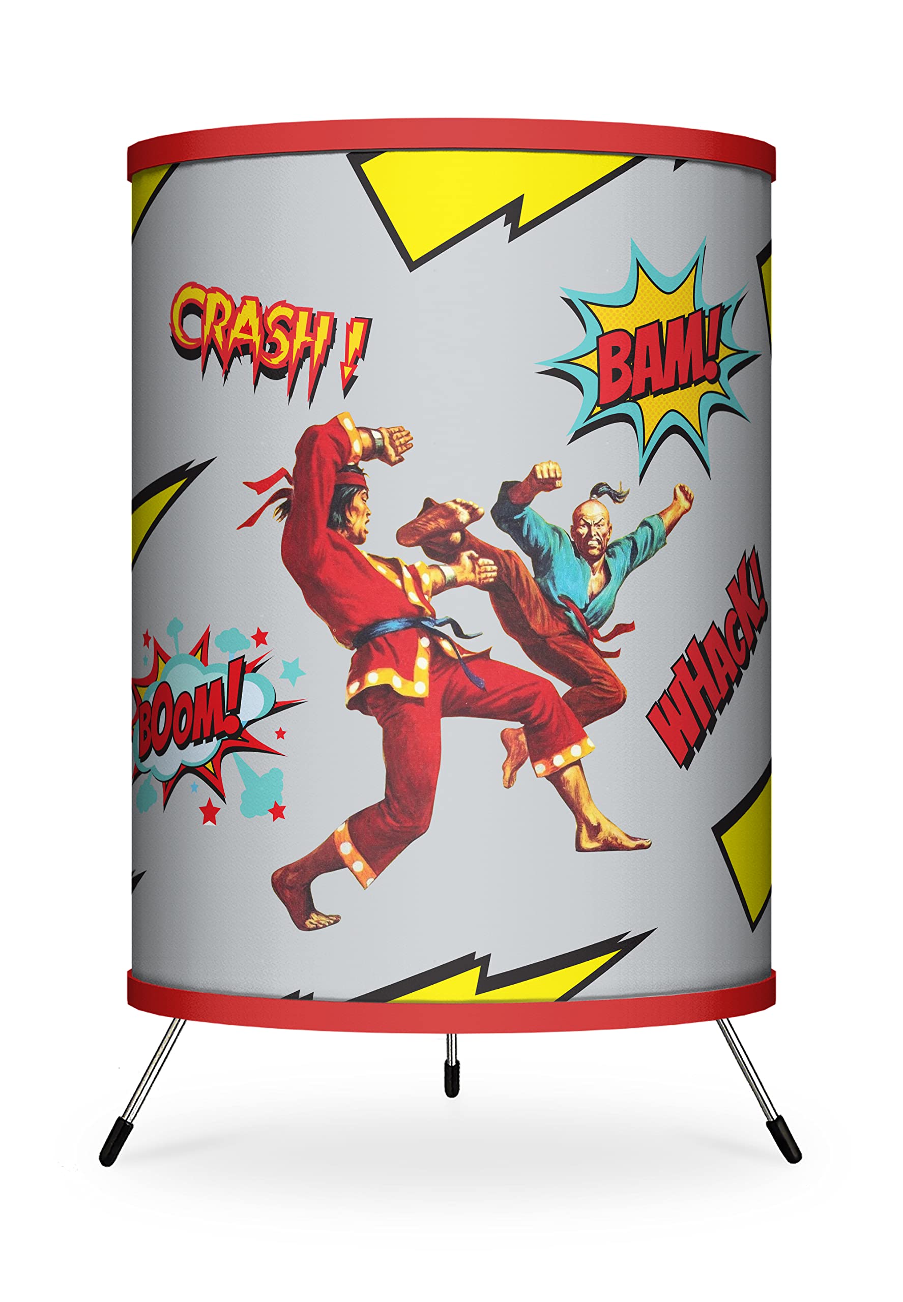 Pulp Art Printed Kung Fu Comic Book Tripod Table Lamp - Vintage Style Desk Light for Home Office, Bedroom & Reading Nook - Perfect for Comic Fans & Retro Decor