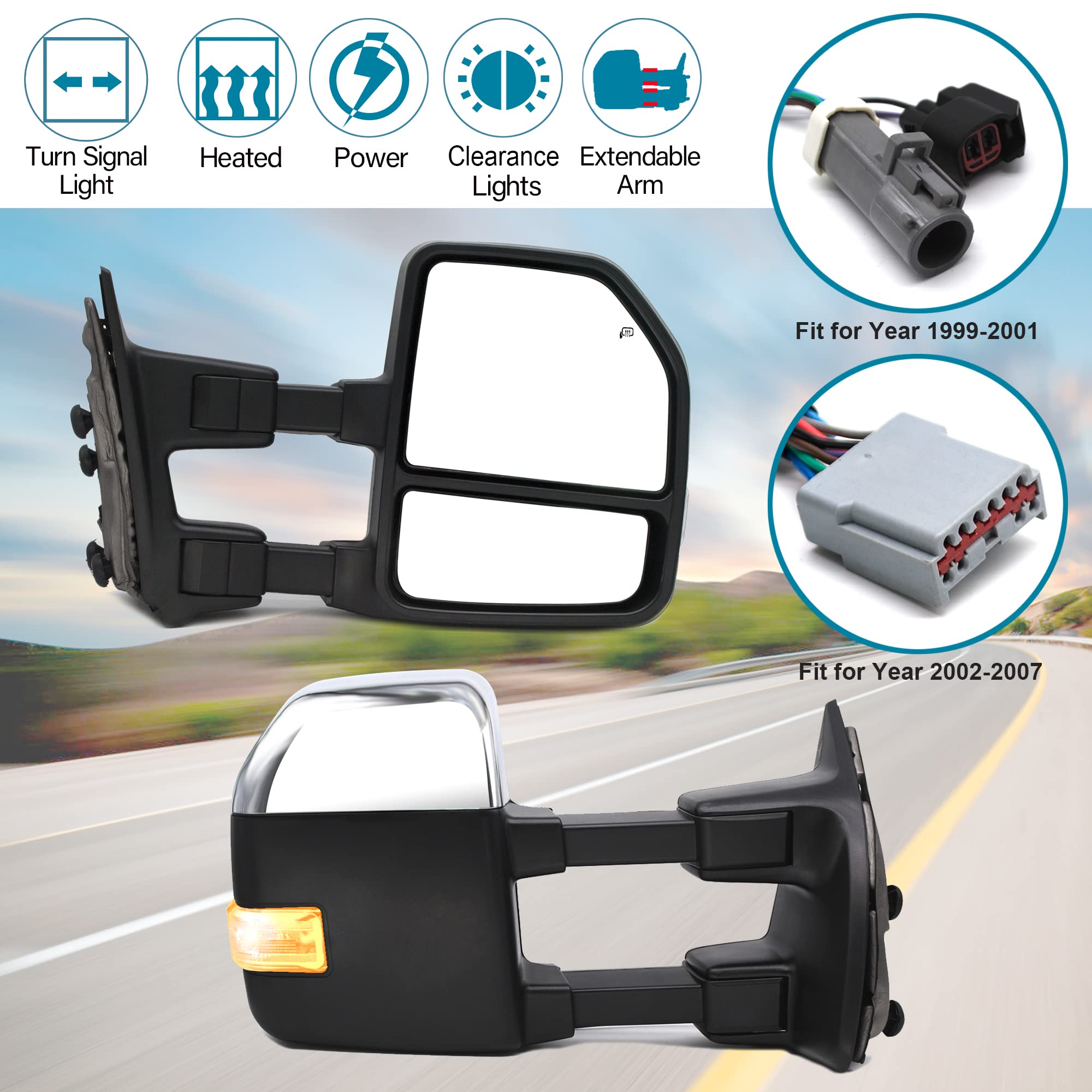 BOOLEE Power Heated Towing Mirrors with Turn Signal & LED Clearance Light - Compatible with Ford F-250 F-350 F-450 F-550 Super Duty 1999-2007 - Chrome Cap Pickup Truck Accessories for Enhanced Visibility & Safety While Towing Trailers or Large Loads