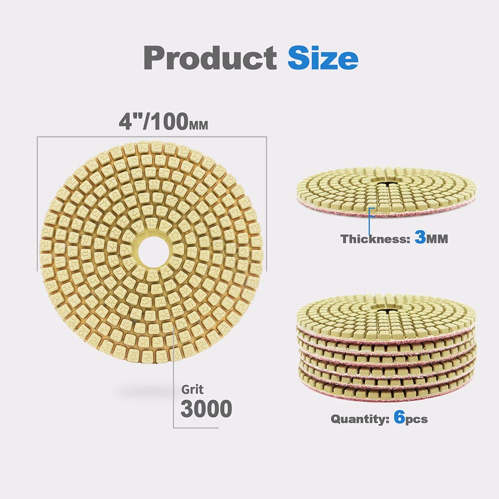 Wet Diamond Polishing Pads 6-Piece Set (4 Inch, #3000 Grit) for Granite, Marble, Ceramic & Artificial Stone - Professional Sanding Discs for Angle Grinders & Polishers - Perfect for Countertop Refinishing & Floor Restoration