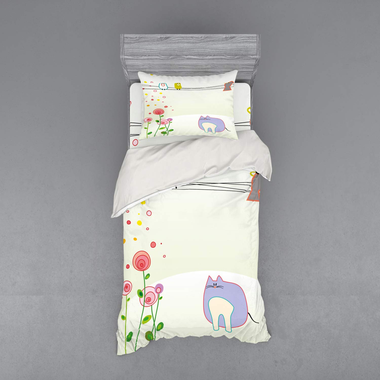Ambesonne Cartoon Bedding Set - Whimsical Drawing Style Bird & Cat with Spring Flowers Design, 3-Piece Duvet Cover Set (Twin XL) | Soft & Breathable for Kids' Room, Guest Bedroom, or Dorm Decor | Multicolor Floral Print Bedding