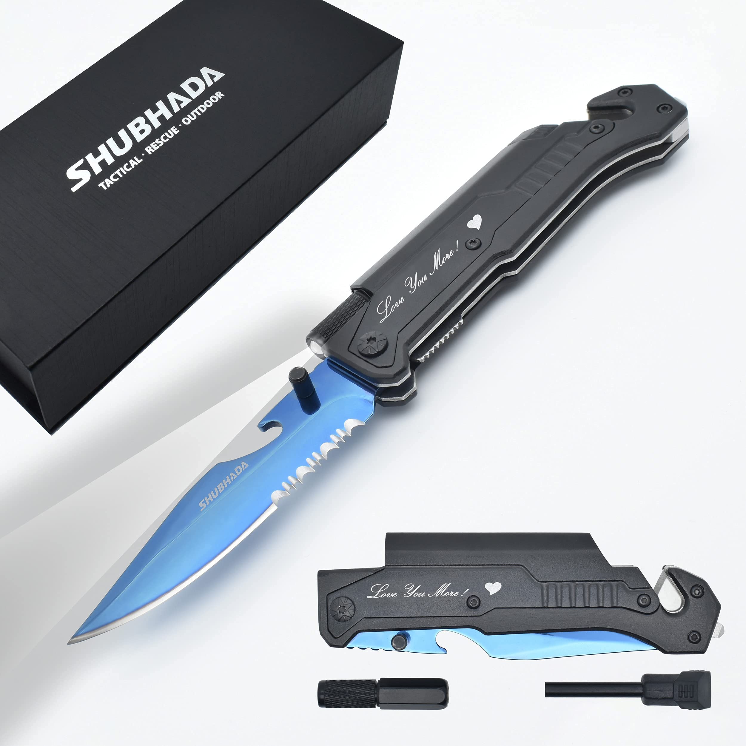 Blue Titanium Multi-Tool Pocket Knife - 12-in-1 Survival Knife with LED Light, Fire Starter, Seatbelt Cutter, Glass Breaker & Bottle Opener | Perfect Father's Gift, Camping, Hiking & Emergency Preparedness