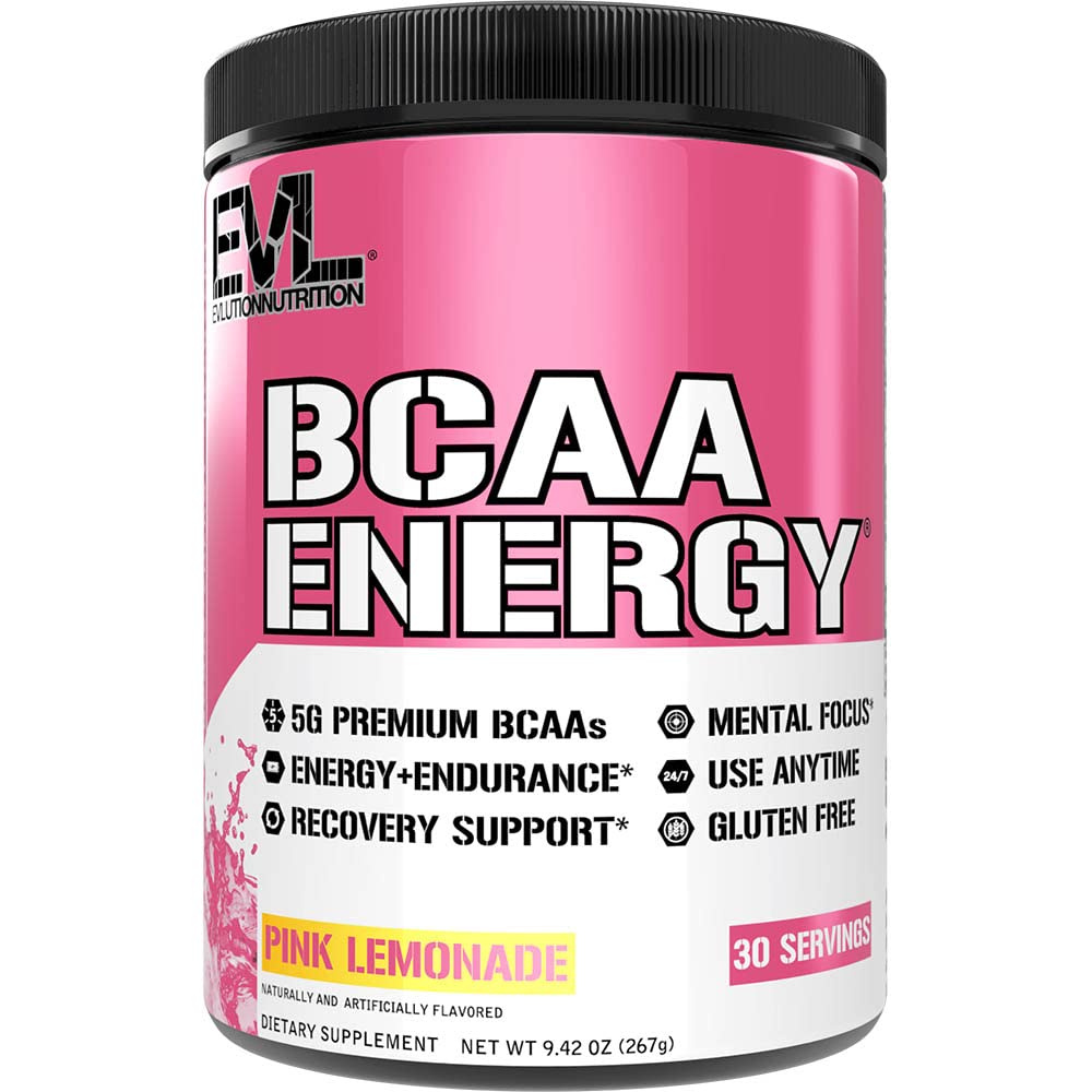 EVLution Nutrition BCAA Energy Powder - Pink Lemonade Flavor, 267g for Muscle Recovery & Workout Performance | Pre & Post Workout Supplement for Athletes & Fitness Enthusiasts
