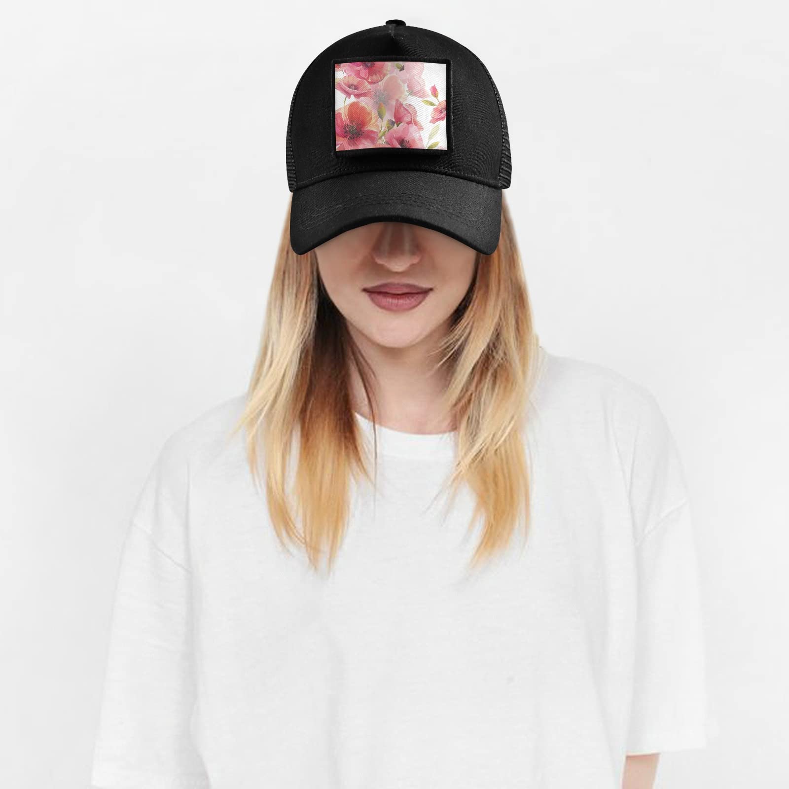 Poppy Watercolor Trucker Hat - Adjustable Snapback Baseball Cap for Men & Women | Breathable Mesh, Black | Perfect for Outdoor, Hiking & Casual Wear