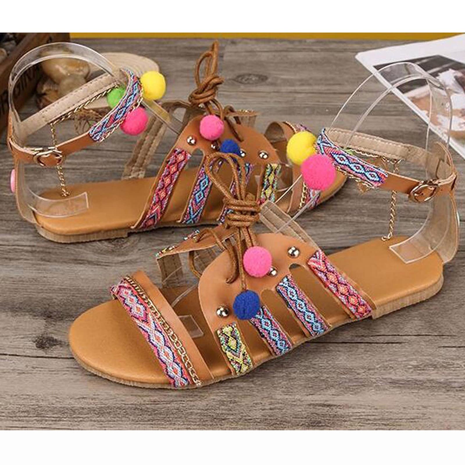 AnFeng Women's Bohemian Flat Fish Mouth Sandals - Comfortable Summer Beach Sandals for Women (Brown, Size 6.5-7) | Perfect for Vacation, Casual Outings & Beach Wear