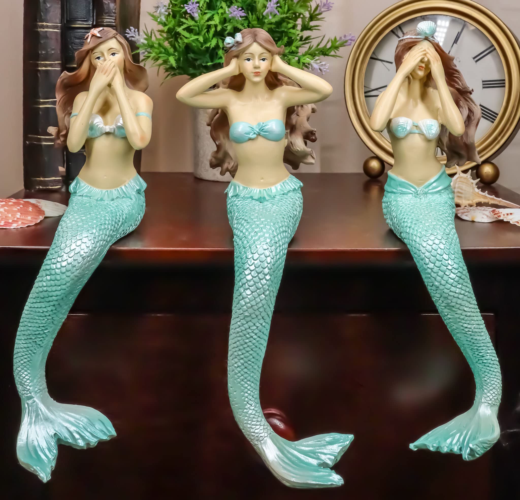 Ebros Capiz Ocean See No Evil Hear No Evil Speak No Evil Mermaid Siren Shelf Sitter Figurine - 9.25
