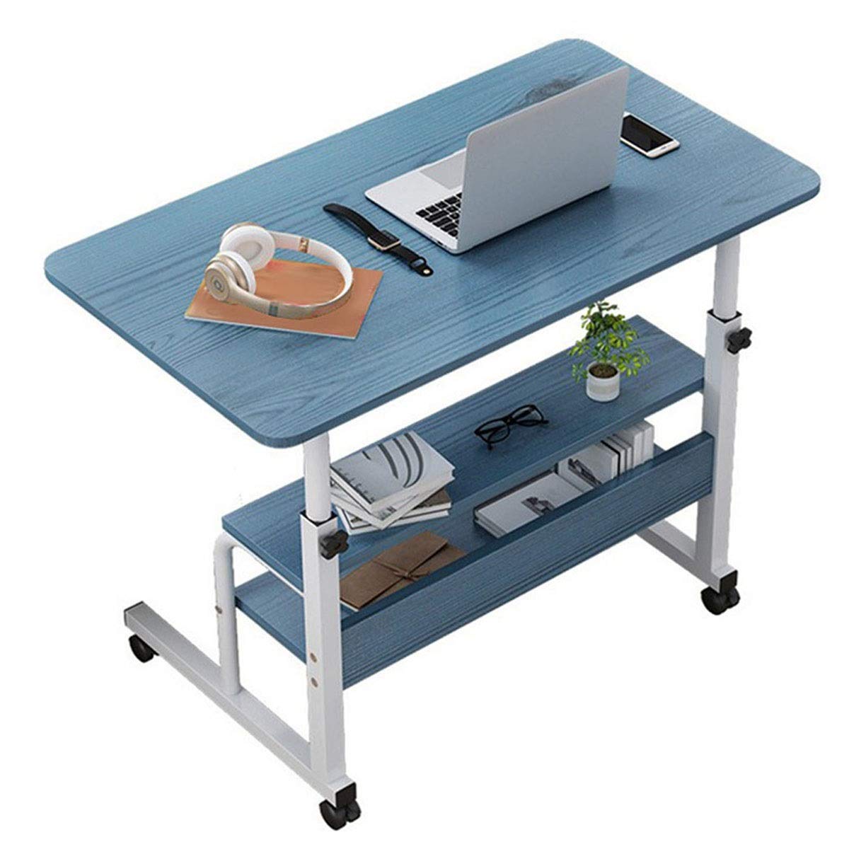 Adjustable Lap Desk with Wheels - Portable Laptop Stand, Rolling Computer Table with Shelf for Home Office, Bed, Couch & Breakfast - Foldable Blue Wood Grain Workstation (Perfect for Remote Work, Gaming & Dining in Bed)