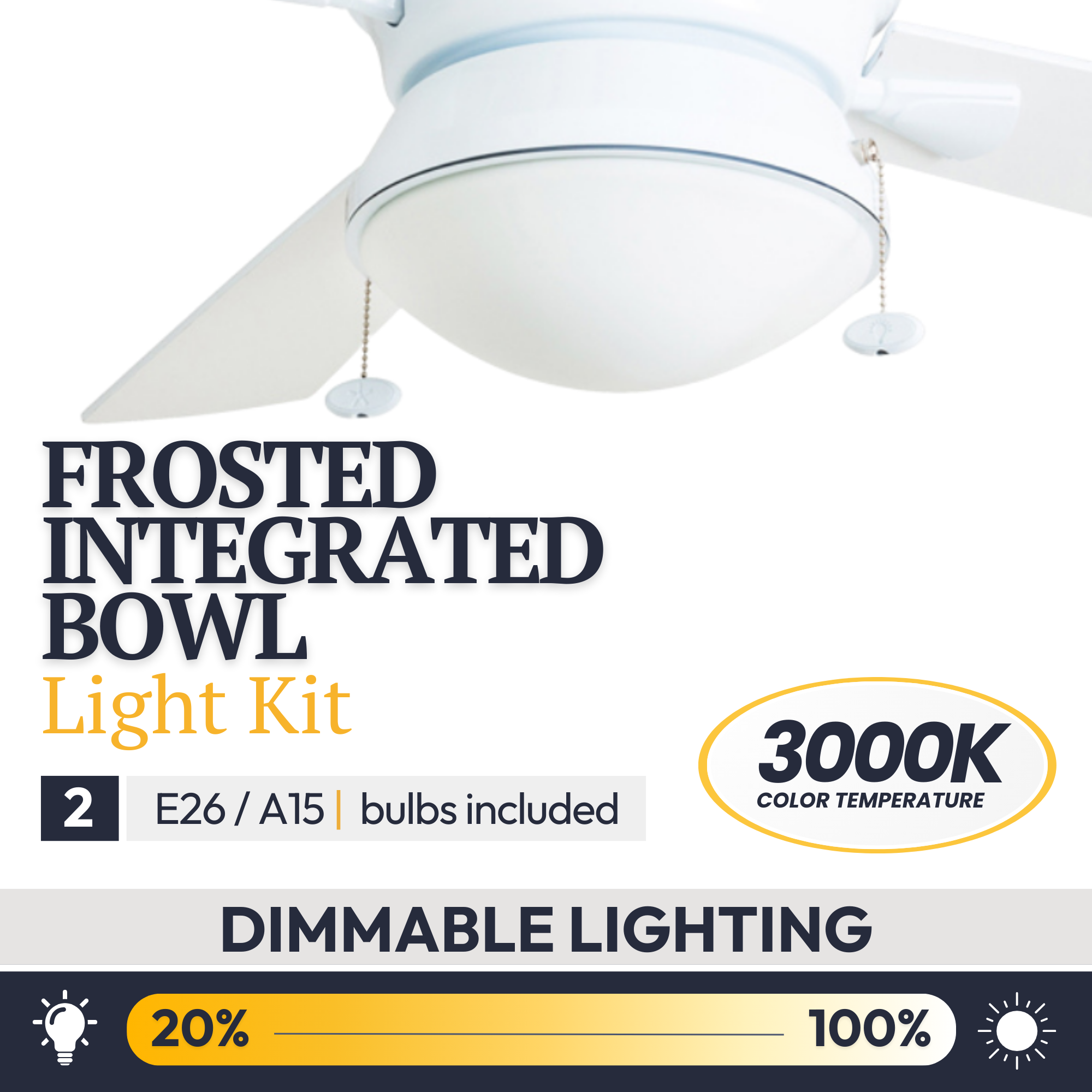52 Inch White Auletta Ceiling Fan with Pull Chain - Indoor/Outdoor Use for Bedroom, Living Room, Patio & Covered Porch