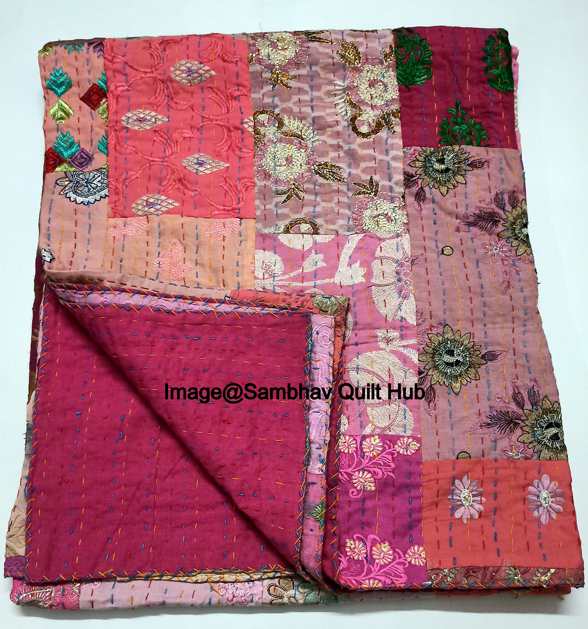 Vintage Silk Sari Kantha Quilt Reversible Bedspread - Pink Boho Chic 90x108 Inches for Bohemian Bedroom Decor & Cozy Home Styling