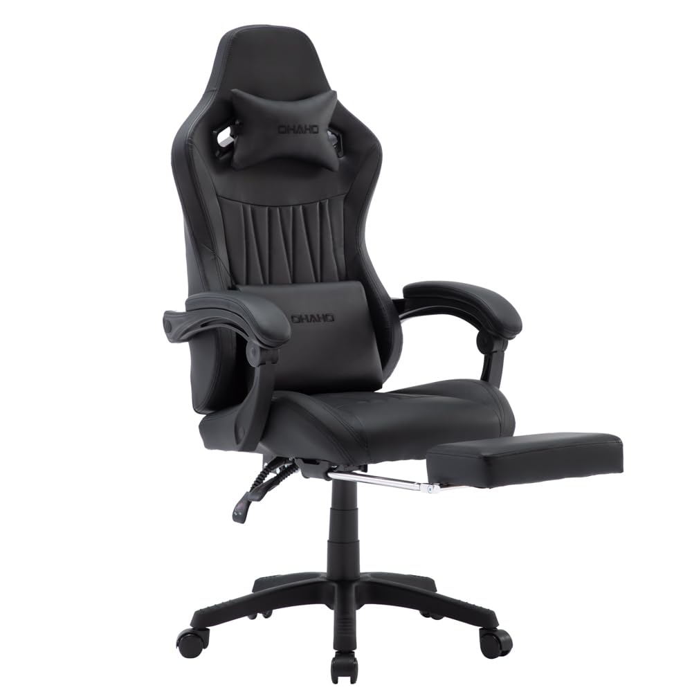 OHAHO Ergonomic Gaming Chair - High Back Office Chair with Adjustable Headrest & Lumbar Support, Leather Computer Desk Chair for Racing Game & Work (Black) - Perfect for Gamers, Home Office & Streaming Setup