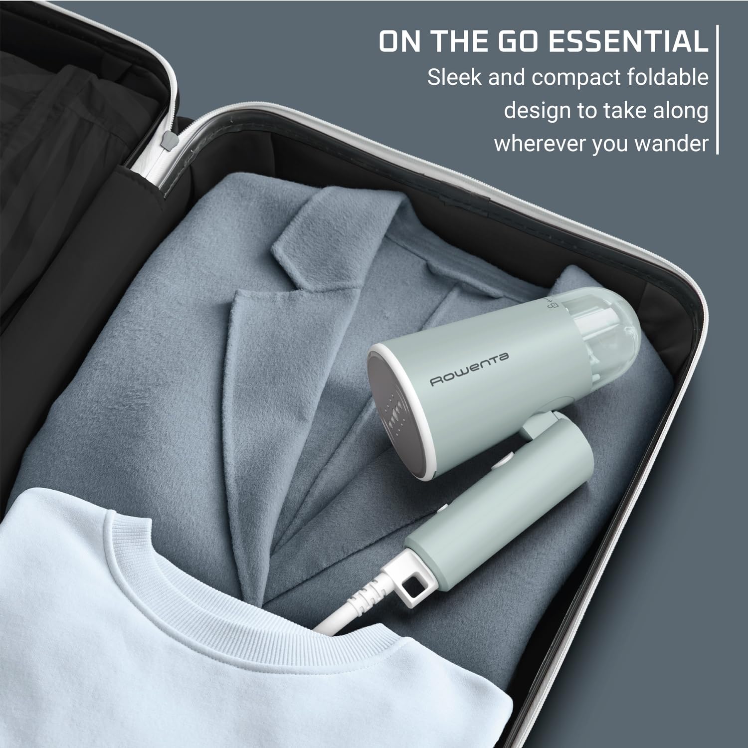 Rowenta Mini Travel Steamer for Clothes - Portable Handheld Steamer with 2.3 Oz Water Tank, 1100W Fast Heating, Foldable Design | Perfect for Wrinkle Removal, Suits, Dresses & Travel Essentials | Green (Model DR1014)