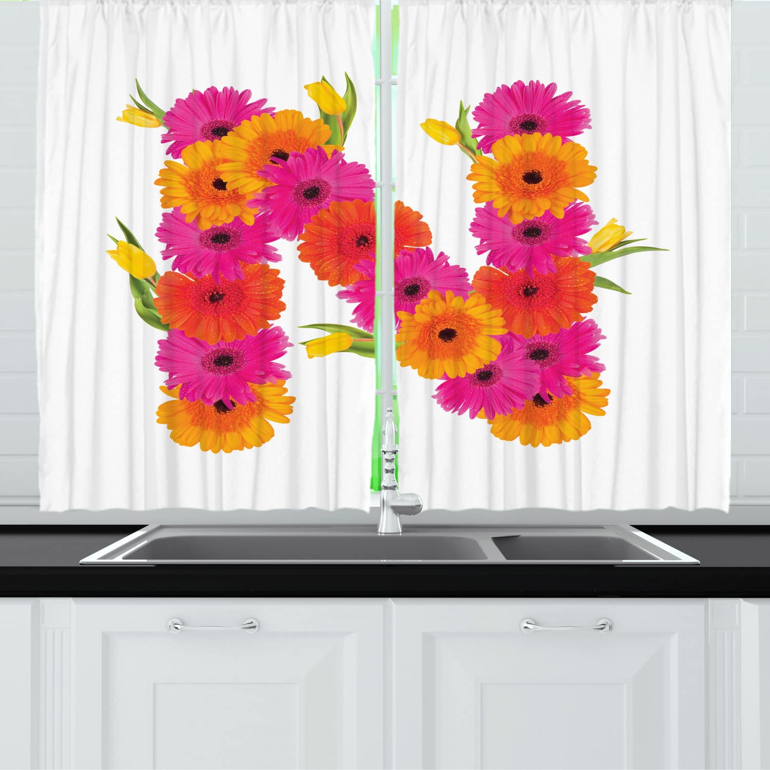 Ambesonne Floral Alphabet Kitchen Curtains - Gerbera Daisy Letter N Print, 2 Panel Drapes with Rod Pocket, 55