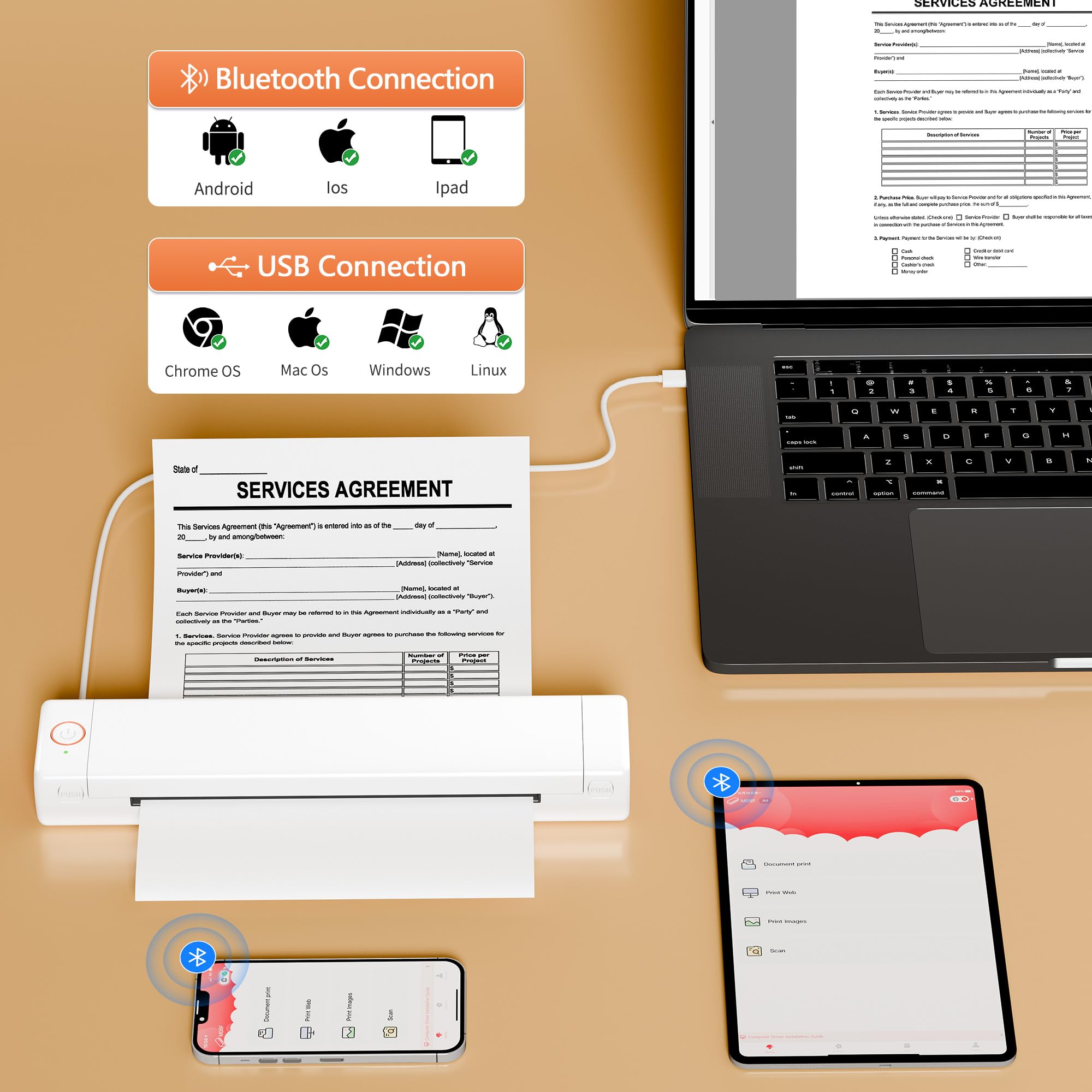 PhoFuta M08F Bluetooth Thermal Printer - Portable Mini Travel Printer for iOS & Android - No Ink Needed, Uses Copy Paper & A4 Inkless Paper - Perfect for Receipts, Labels, Travel Documents & On-the-Go Printing