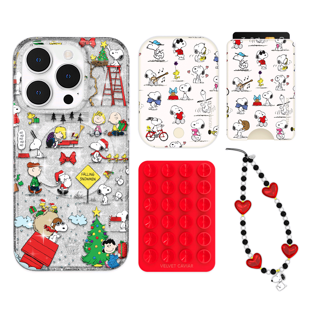 Snoopy Christmas Glitter iPhone Case with Wallet - Cute Cartoon Character Phone Cover & Card Holder Set - Perfect Holiday Gift for Fans, Family & Friends (Great for Travel, Shopping & Daily Use)