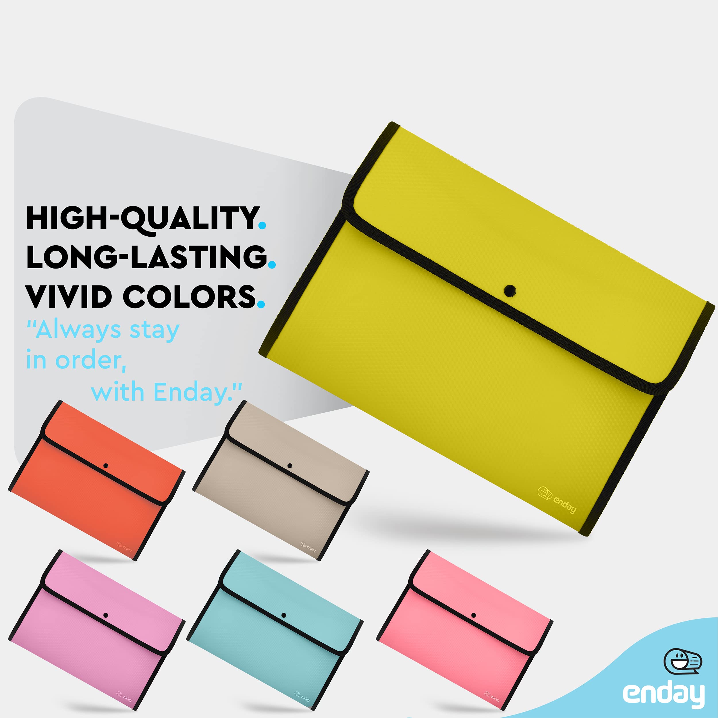 Enday 60-Pack Expanding File Folders - Square Flap Document Holders in Pink, Blue, Purple, Green, Red & Grey | A4 Letter Size Reusable Snap Closure Wallet Pouch for Office Organization, School Supplies & Document Storage