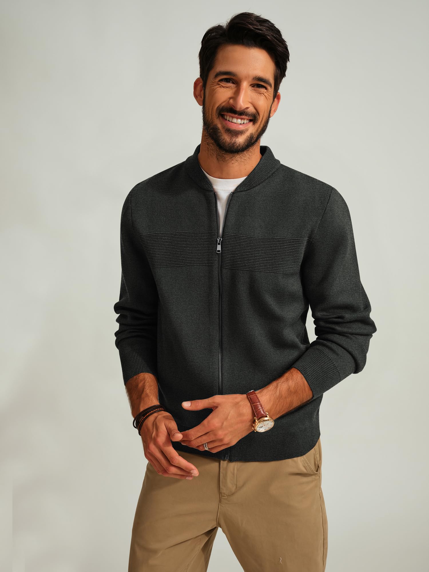 PJ PAUL JONES Men's Full Zip Cardigan Sweater - Stand Collar Regular Fit Knit Pullover for Casual Wear & Office Outfits