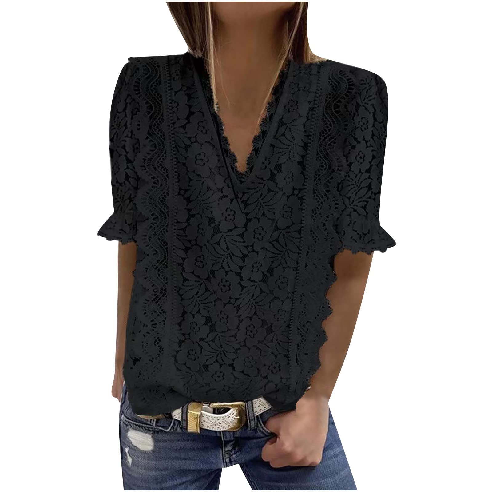 Women's Summer Blouses & Tops - Elegant V-Neck Lace Tunic Shirt with Half Sleeves for Casual & Dressy Occasions | Perfect for Office Wear, Date Nights & Summer Outings