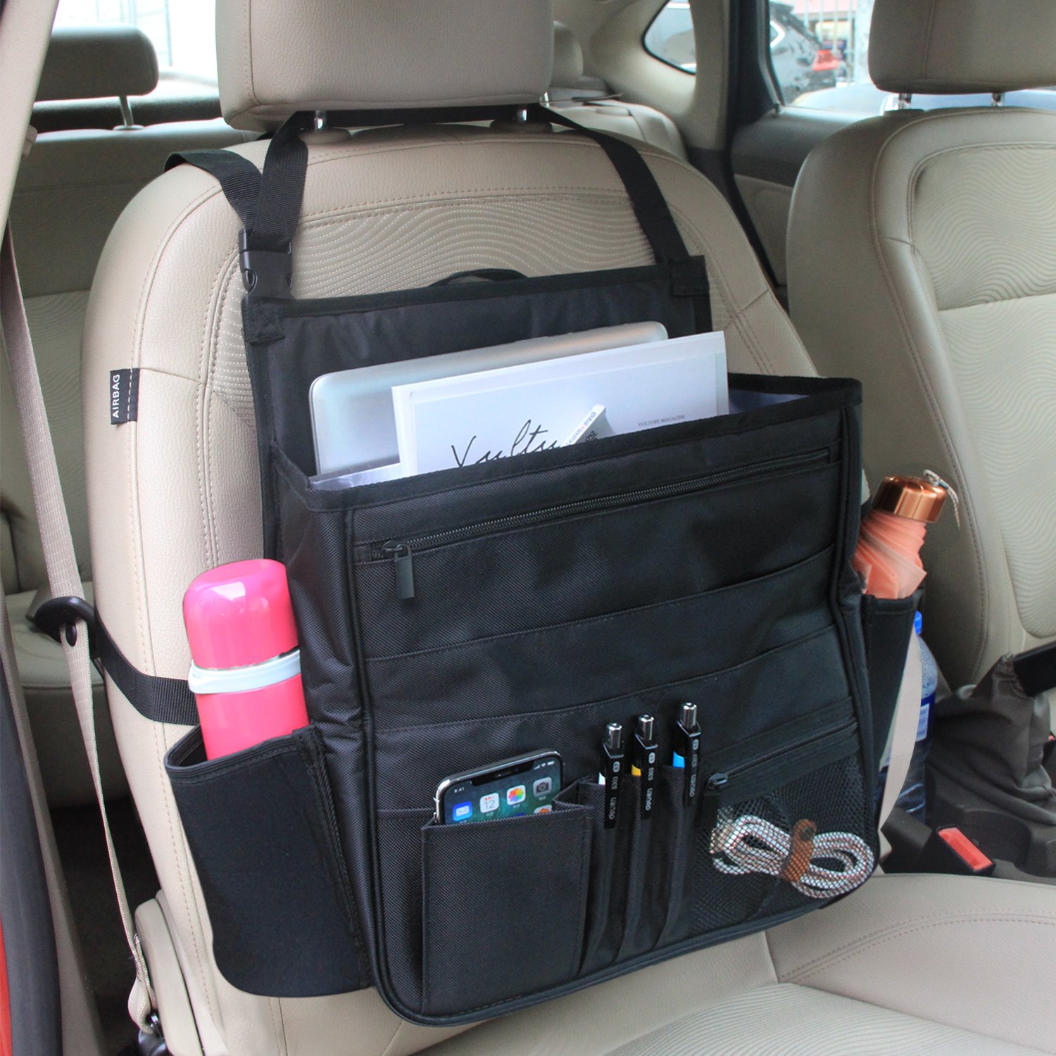 LUXJA Premium Car Front Seat Organizer with Laptop & Tablet Storage Pockets - Adjustable Back Straps for Secure Fit - Black - Perfect for Road Trips, Commuting & Work Travel Accessories