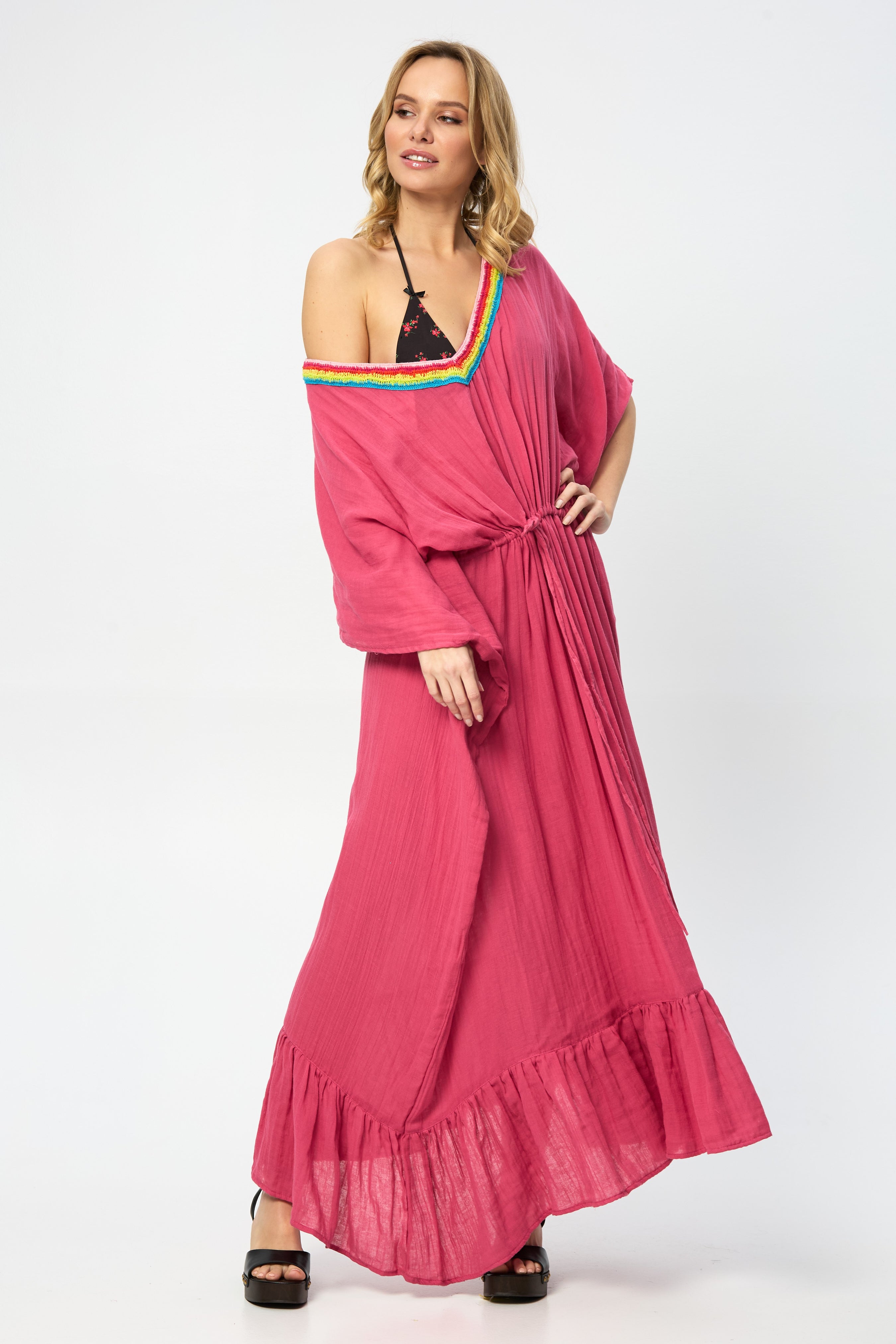 Crochet Rainbow Kaftan Maxi Dress - Boho Chic Beach Cover Up for Women - Perfect for Summer Vacations, Pool Parties & Music Festivals