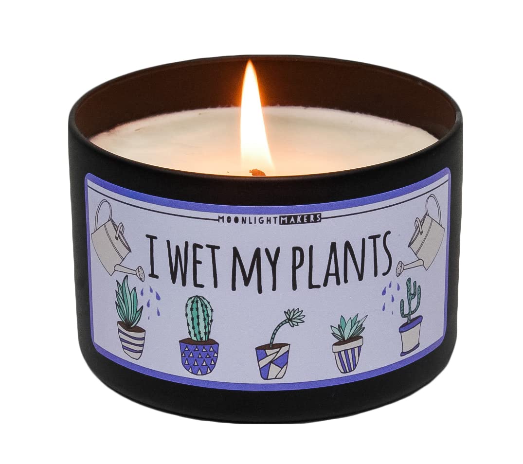 Moonlight Makers I Wet My Plants Candle - Frosted Juniper Scented Handmade Soy Wax Candle in 8oz Tin | 25+ Hour Burn Time | Natural Home Decor & Relaxation Gift for Plant Lovers