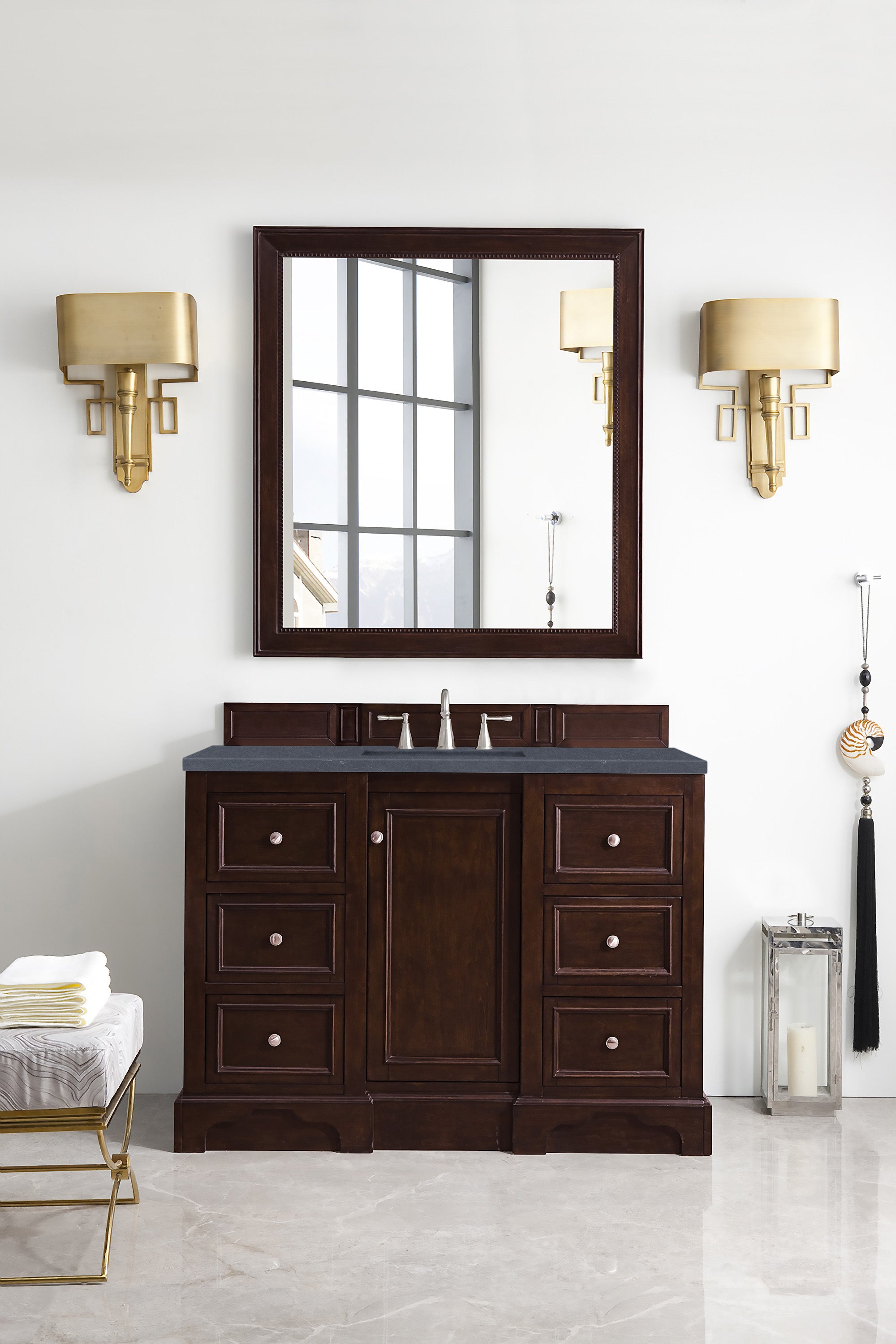 De Soto 48 Inch Single Bathroom Vanity with Burnished Mahogany Finish & 3CM Charcoal Soapstone Quartz Countertop - Perfect for Modern Home Bathroom Remodeling