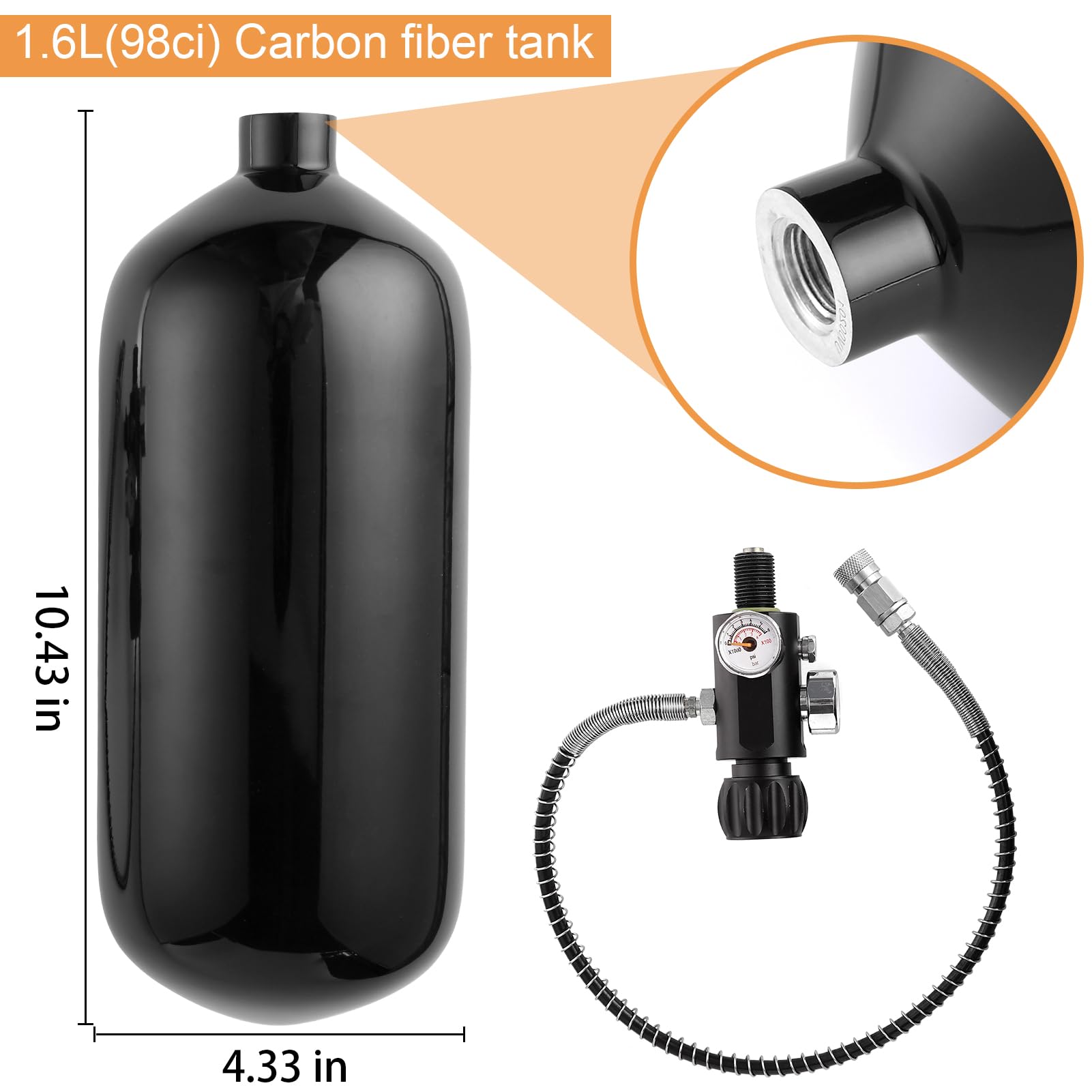**Premium 98ci/1.6L DOT Certified Carbon Fiber Paintball Tank – 4500 psi PCP Airgun Charging System with Dual Gauge Valve – Lightweight Paintball Fill Station for Outdoor Sports & Airsoft Battles**