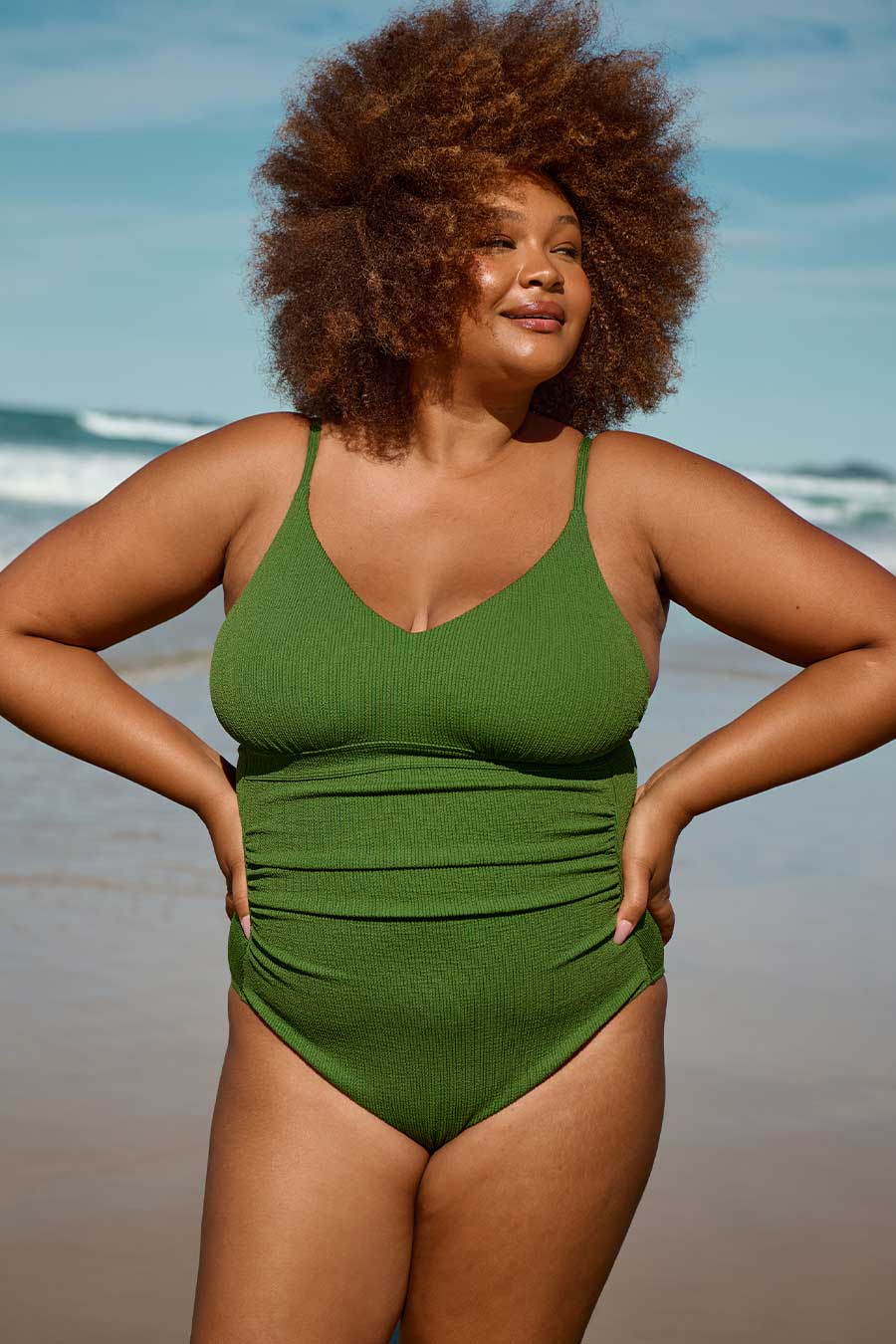 Coolum Core Support One Piece Swimsuit - Khaki Textured Bathing Suit for Women | Beach, Pool & Vacation Wear