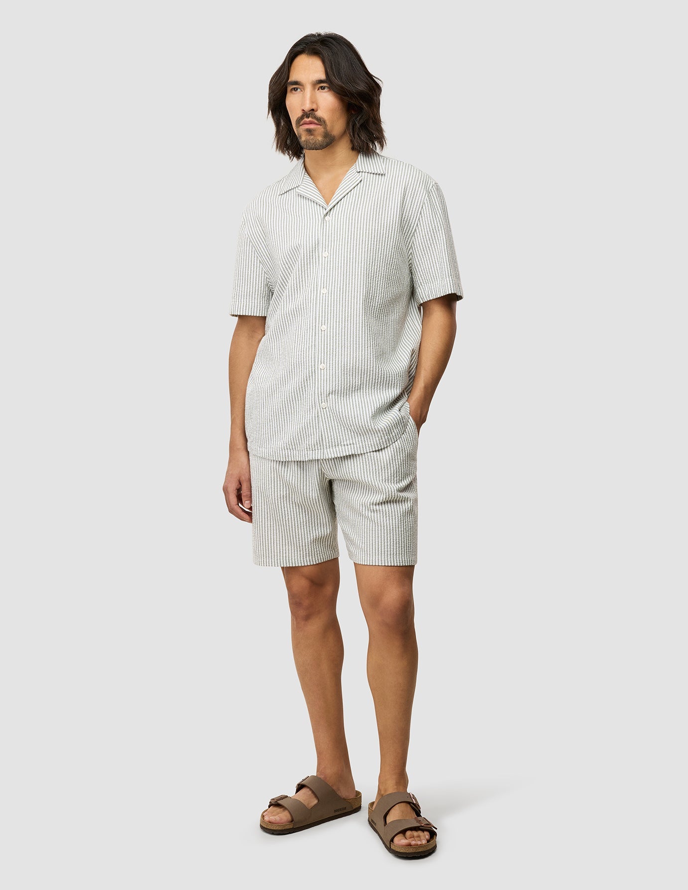 Breathable Seersucker Short Sleeve Shirt for Men - Green Striped Casual Button Down Shirt | Perfect for Summer, Beach Vacations & Outdoor Activities