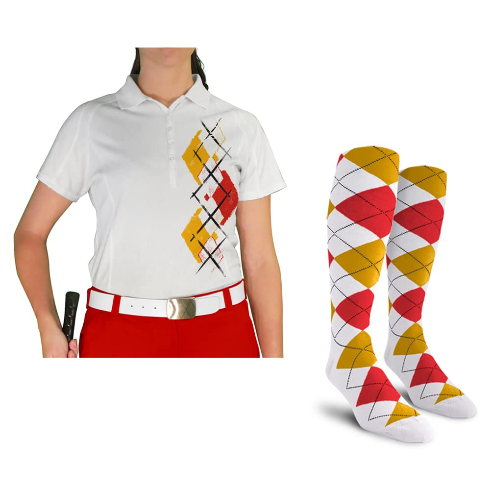 **Dry Fit Short Sleeve Graphic Golf Polo Shirt for Women - Breathable Moisture-Wicking Performance Top with Matching Socks - Argyle Paradise Design (Sizes 5A-5Z) - Perfect for Golf, Tennis & Casual Wear**
