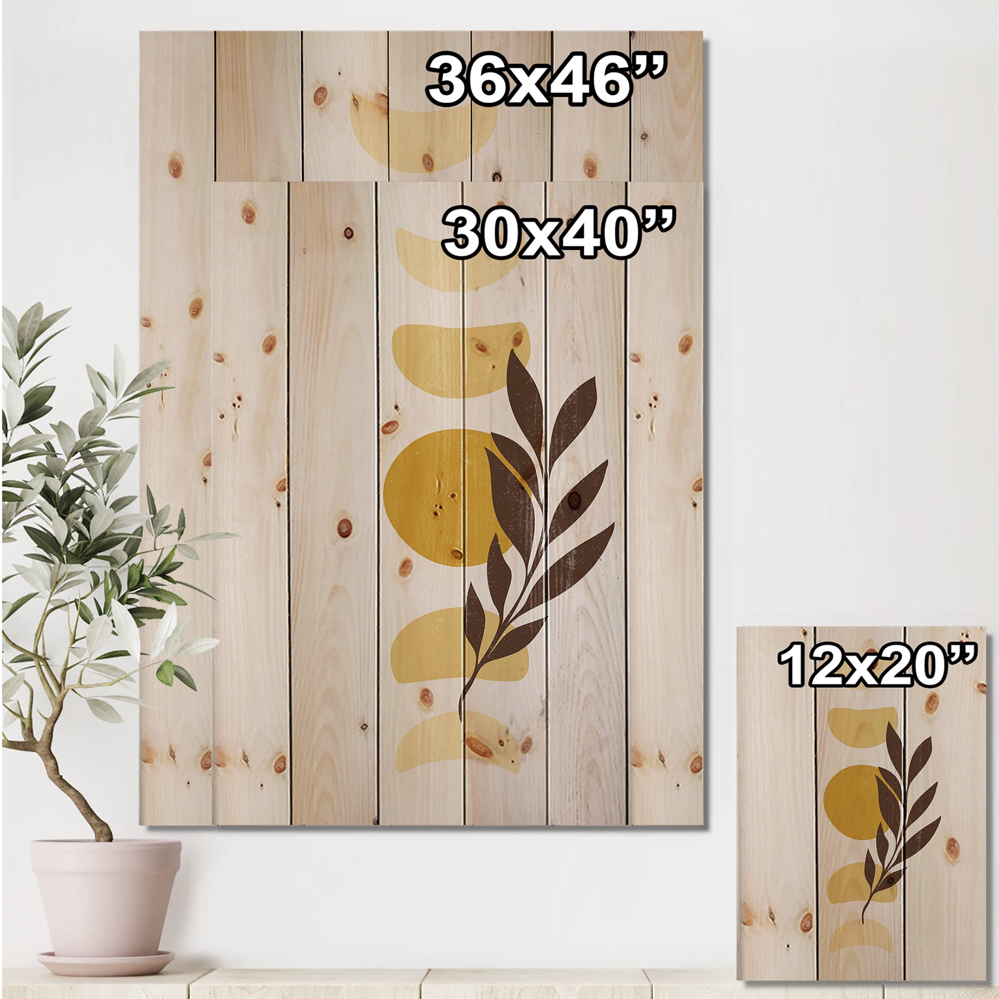 Abstract Geometric Sun and Moon with Leaf VII Modern Wood Wall Art - Yellow Floral Wood Wall Decor, Large Pine Wood Panel Print for Living Room, Bedroom & Office