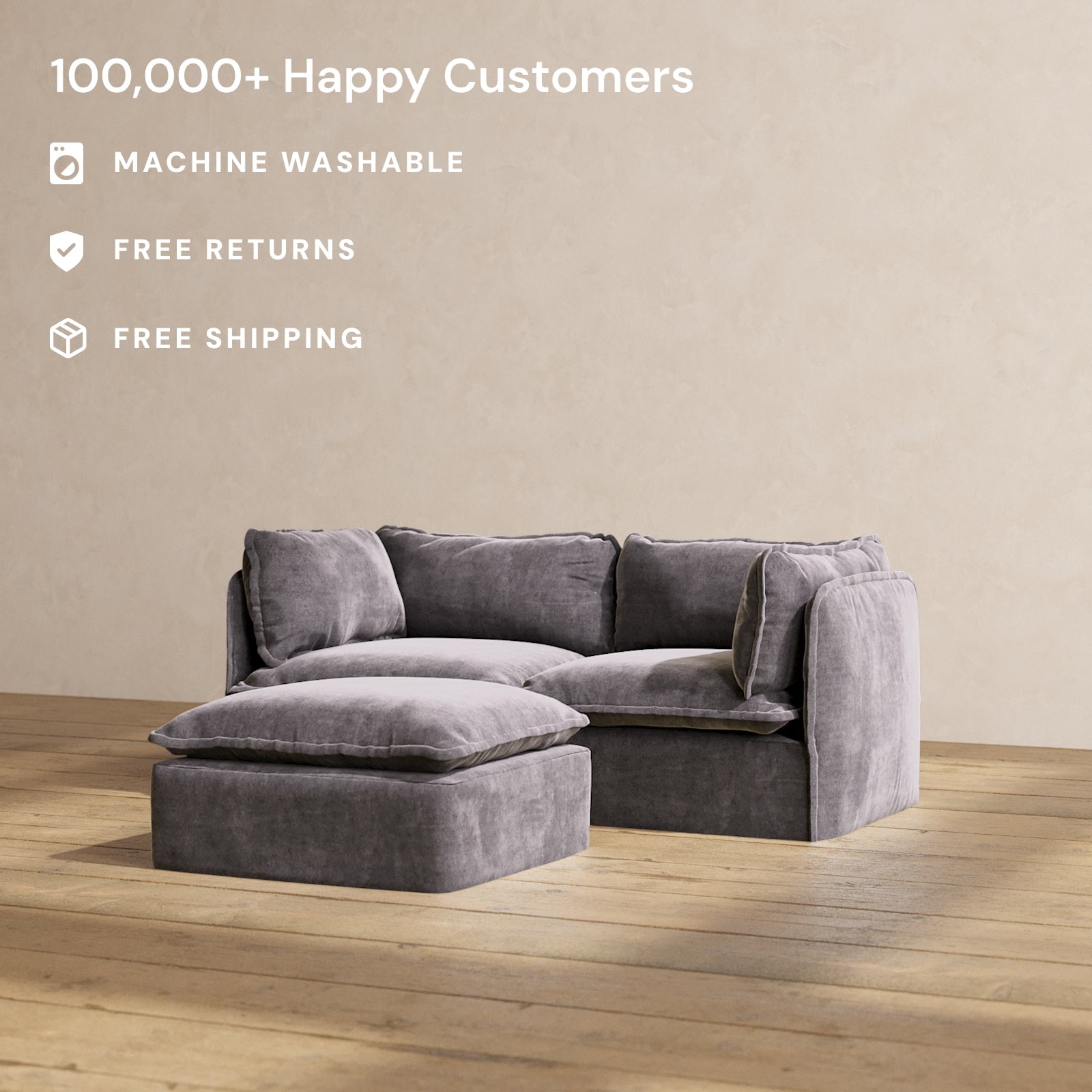 Modular Performance 2 Seater Sofa with Ottoman in Cinder Color | Relaxed Blend Fabric | Perfect for Living Room, Lounge & Small Spaces