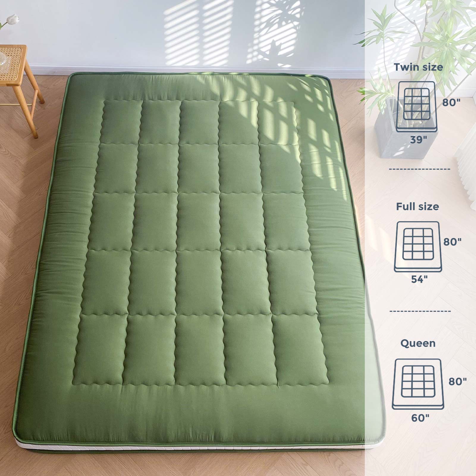 MAXYOYO 6-Inch Extra Thick Japanese Floor Futon Mattress - Premium Diamond Quilting Design for Bedroom, Guest Room & Small Spaces - Green (Queen Size) | Ideal for Apartments, Dorms, Sleepovers & Minimalist Living