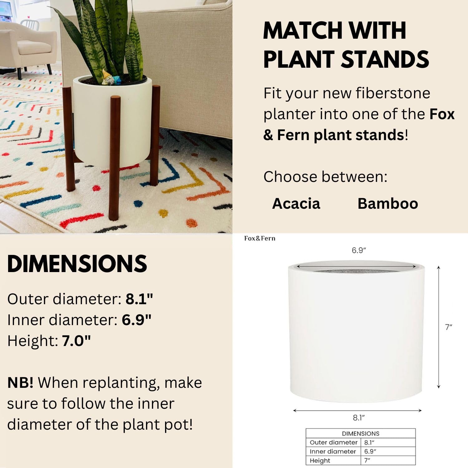 Premium 8 Inch Fiberstone Planter with Drainage - Lightweight Matte White Indoor/Outdoor Plant Pot - Weather & UV Resistant - Perfect for Home Decor, Patio, Garden, and Office Plants