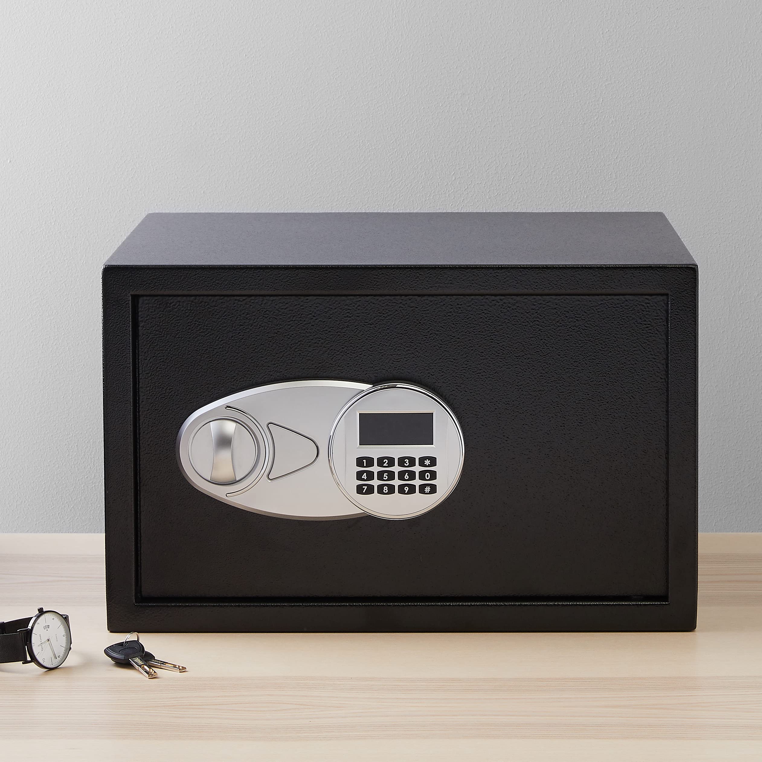 Amazon Basics Steel Security Safe with AA Batteries - 1.2 Cubic Feet Digital Safe for Home & Office - Protect Cash, Jewelry, Passports, Documents - Black (16.93 x 14.57 x 10.63 Inches) - Ideal for Bedroom, Closet, or Small Business Security Storage