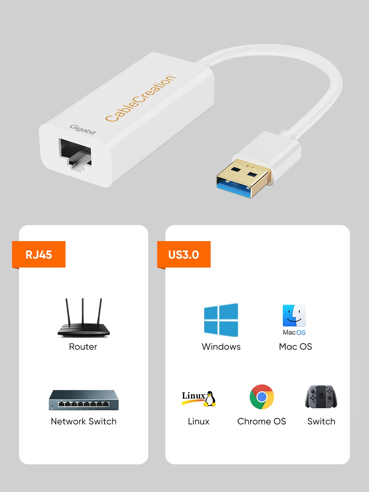 CableCreation USB 3.0 to Ethernet Adapter - Gigabit USB to RJ45 Network Converter (10/100/1000 Mbps) - Compatible with Nintendo Switch, MacBook, Windows, macOS, Linux & Chrome OS - White - Perfect for Gaming, Streaming & Home Office Networking