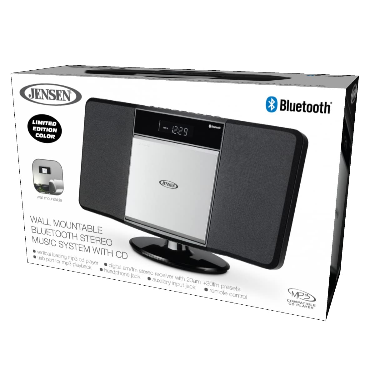 Jensen JBS-300 Modern Bluetooth Stereo Music System with CD/MP3/WMA Player, Wireless Streaming & USB Port | Digital AM/FM Stereo with Remote | Perfect for Home, Office & Party Entertainment