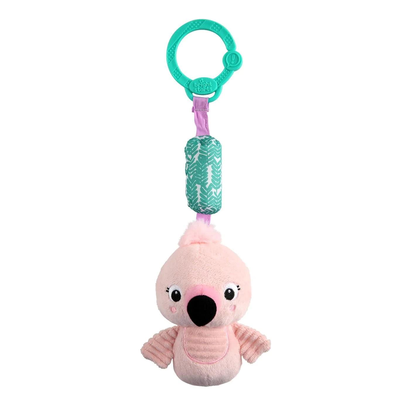 Bright Starts Chime Along Friends On the Go Flamingo Baby Toy - Musical Plush Animal with Soothing Sounds for Crib, Stroller & Playtime | Perfect Newborn Gift for Boys & Girls