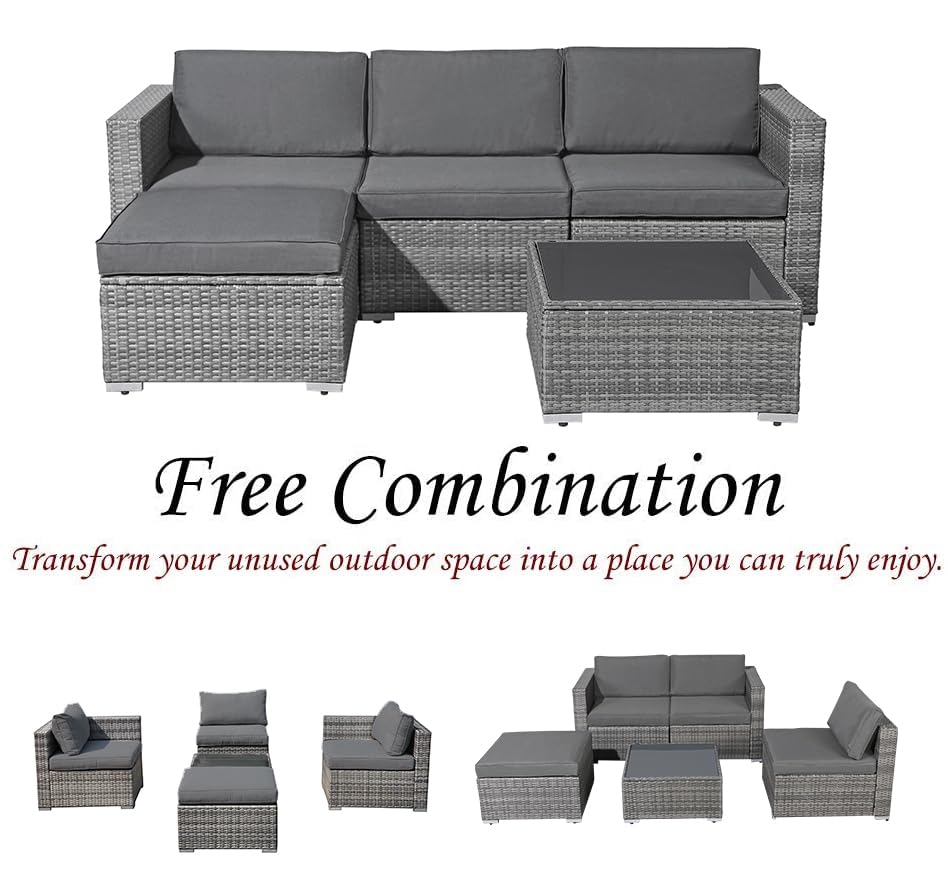 Patiorama 5-Piece Outdoor Patio Furniture Set - All-Weather Grey PE Wicker Sectional with Dark Grey Cushions - Perfect for Backyard, Porch, Garden, Poolside & Balcony - Durable Outdoor Conversation Set for Relaxing & Entertaining
