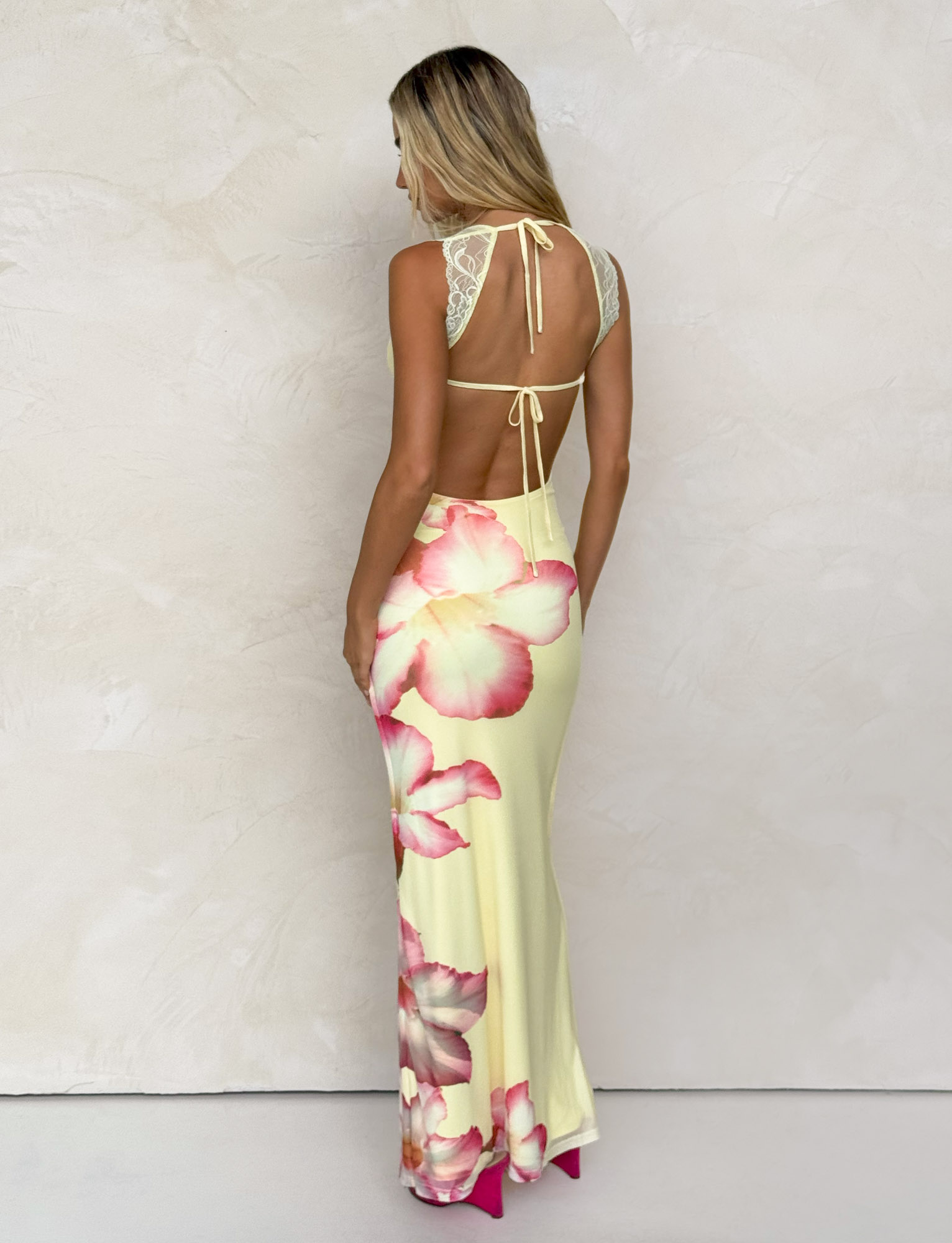 NYOMI MAXI DRESS - Yellow Macro Floral Print with Hibiscus Design | Summer Beach Dress for Women | Perfect for Vacations, Parties & Outdoor Events