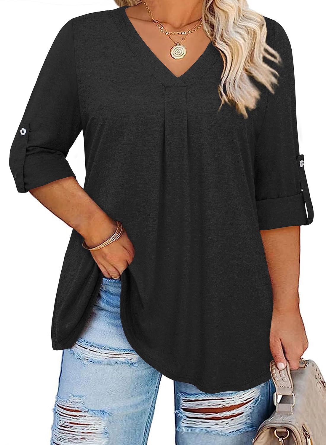 Stylish Plus Size Women's 3/4 Sleeve V-Neck Tunic Blouse - Flattering Casual Tops for Spring Summer 2025 | Perfect for Office Wear, Weekend Outings & Special Occasions