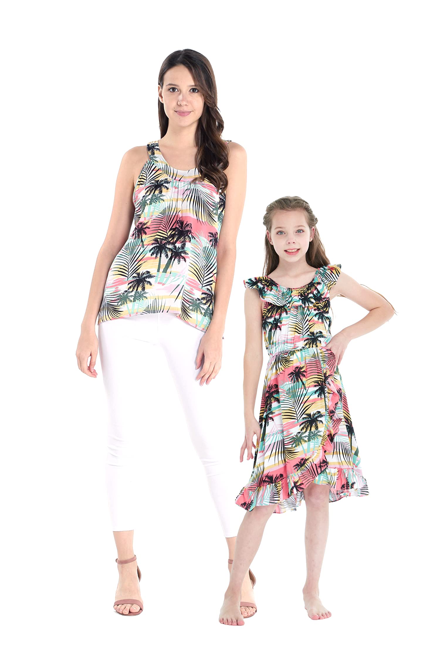 Stylish Hawaiian Luau Matching Mother Daughter Tank Top & Wrap Dress - Sunset Neon Print for Beach Parties, Family Vacations & Summer Outfits
