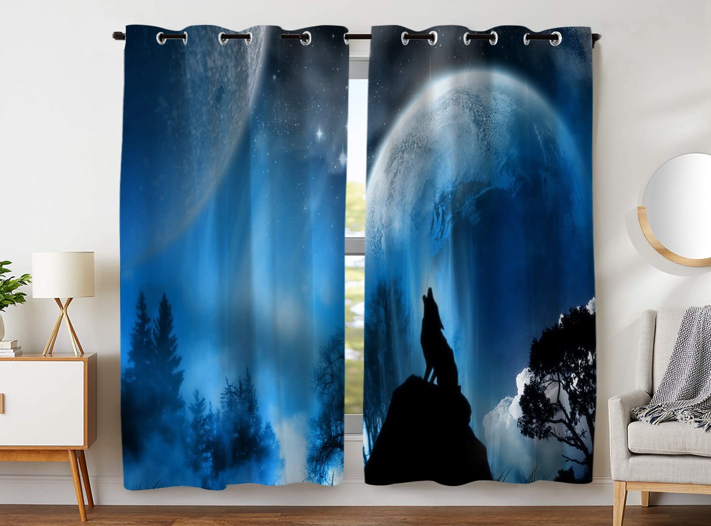 KLRIGR Blackout Curtains 42 x 84 Inch - 2 Panel Grommet Top Darkening Window Drapes for Bedroom & Living Room | Wolf Moon Galaxy Starry Forest Design | Thermal Insulated & Noise Reducing for Better Sleep & Privacy
