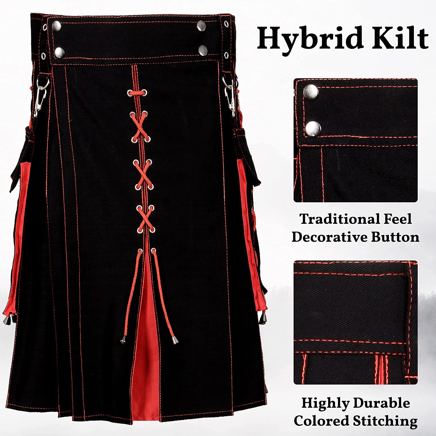 **Men's Hybrid Utility Kilts - 100% Cotton Sport & Traditional Highland Kilt in Black & Red (32