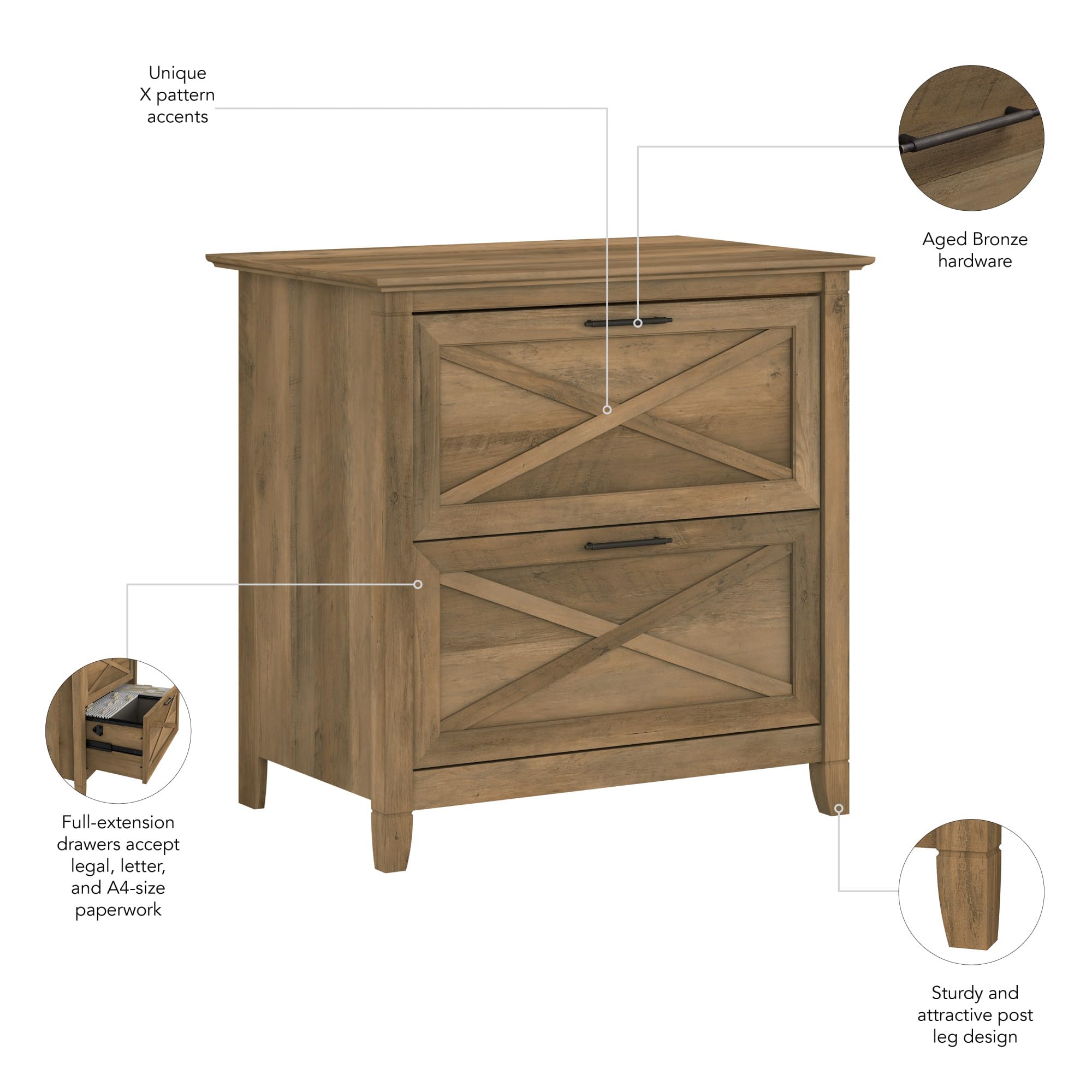 Bush Furniture Key West Lateral File Cabinet - Modern Farmhouse 2-Drawer Storage for Home Office, Study or Workspace - Organize Documents & Supplies in Style