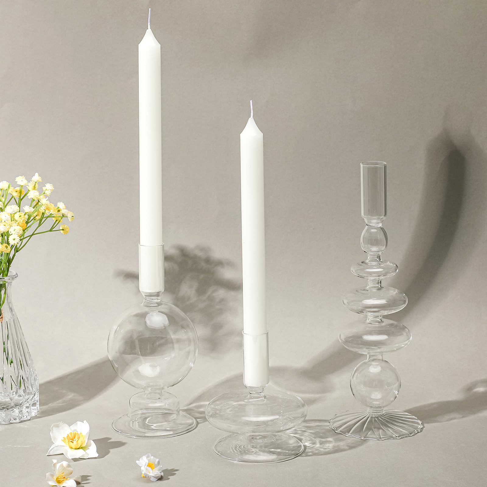Rtteri 3-Piece Set of Clear Glass Candlestick Holders - Elegant Wavy Taper Candle Holders for Home Decor, Wedding Centerpieces & Party Decorations