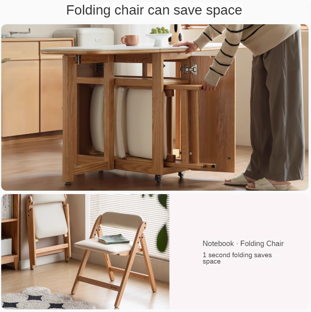 Solid Oak Wood Modern Rock Slab Folding Dining Table - Extendable Space-Saving Design for Small Apartments, Kitchens & Outdoor Dining